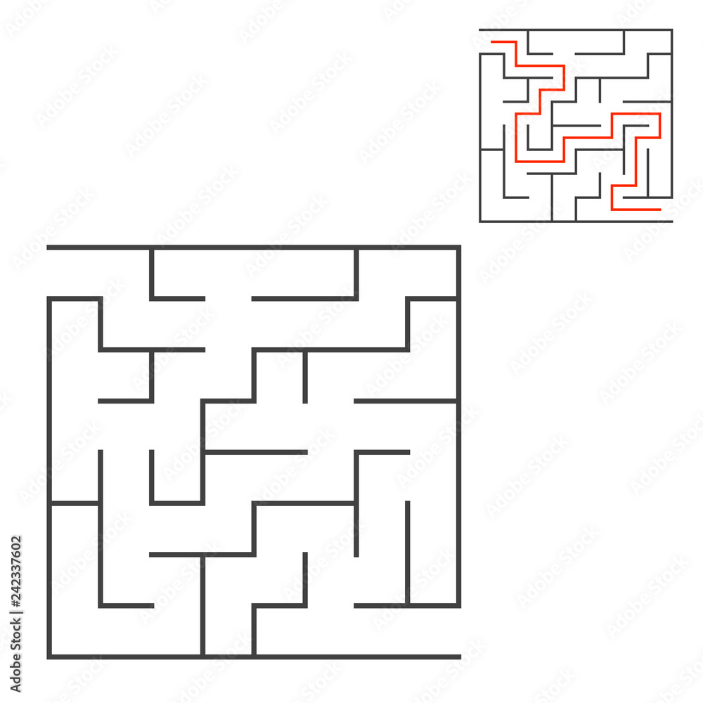 Abstract square maze. Game for kids. Puzzle for children. One entrance, one exit. Labyrinth conundrum. Flat vector illustration isolated on white background. With answer. Abstract square maze. Game for kids. Puzzle for children. One entrance, one exit. Labyrinth conundrum. Flat vector illustration isolated on white background. With answer.