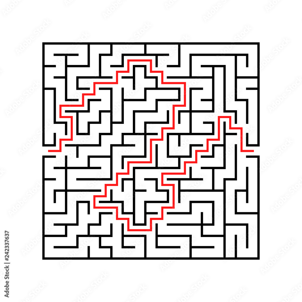 Abstract square maze. Game for kids. Puzzle for children. One entrance, one exit. Labyrinth conundrum. Flat vector illustration isolated on white background. With answer. Abstract square maze. Game for kids. Puzzle for children. One entrance, one exit. Labyrinth conundrum. Flat vector illustration isolated on white background. With answer.