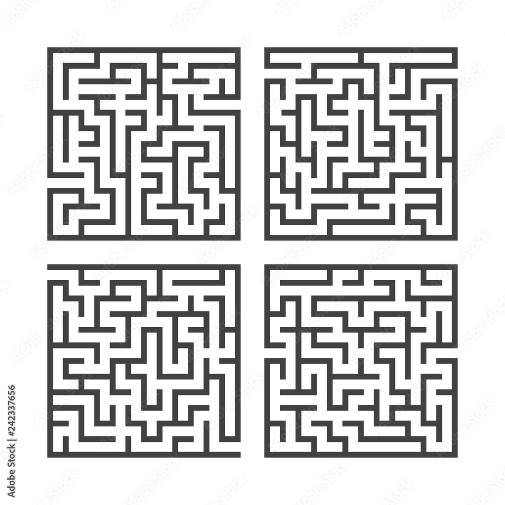 Set of black square mazes. Game for kids. Puzzle for children. One entrances, one exit. Labyrinth conundrum. Flat vector illustration isolated on white background. Set of black square mazes. Game for kids. Puzzle for children. One entrances, one exit. Labyrinth conundrum. Flat vector illustration isolated on white background.