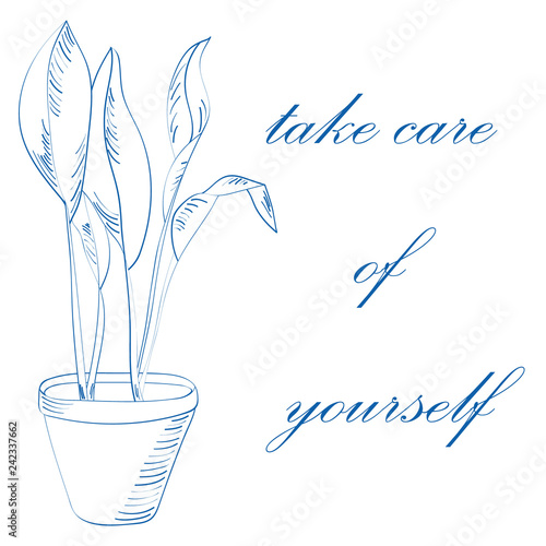 Take care of yourself concept. Sketch vector illustration of plant in a pot isolated 