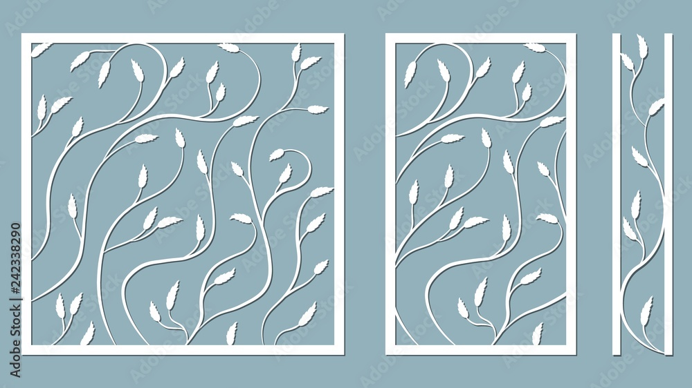 Set template for cutting. Pattern leaves, branches, vine. Vector illustration. For laser cutting, plotter and silkscreen printing.