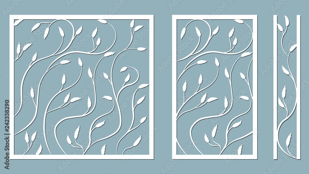 Set template for cutting. Pattern leaves, branches, vine. Vector illustration. For laser cutting, plotter and silkscreen printing. Set template for cutting. Pattern leaves, branches, vine. Vector illustration. For laser cutting, plotter and silkscreen printing.