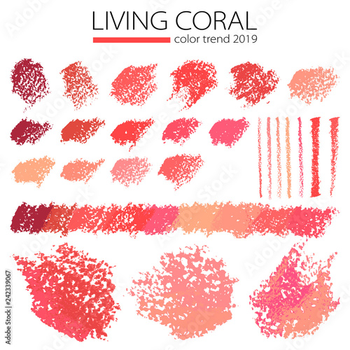 Vector set with oil pastel design elements in Living Coral colors isolated on white background. Palette of coral textured strokes, stripes and scratches in sketch style. Trendy color of 2019 year.