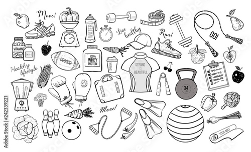 Cartoon fitness doodles on white background. Vector illustration