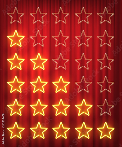 Set of yellow neon stars rating design elements isolated on red curtain background. Vector kit of neon star shapes for ranking interface.