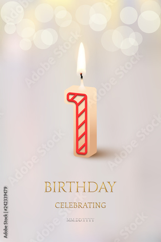 Burning number 1 birthday candle with birthday celebration text on light blurred background. Vector first birthday invitation template.
