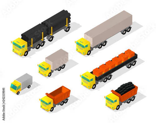 Truck set cars. Trailer delivery industry and construction. Truck with coal. Machine with pipes and bricks in the truck