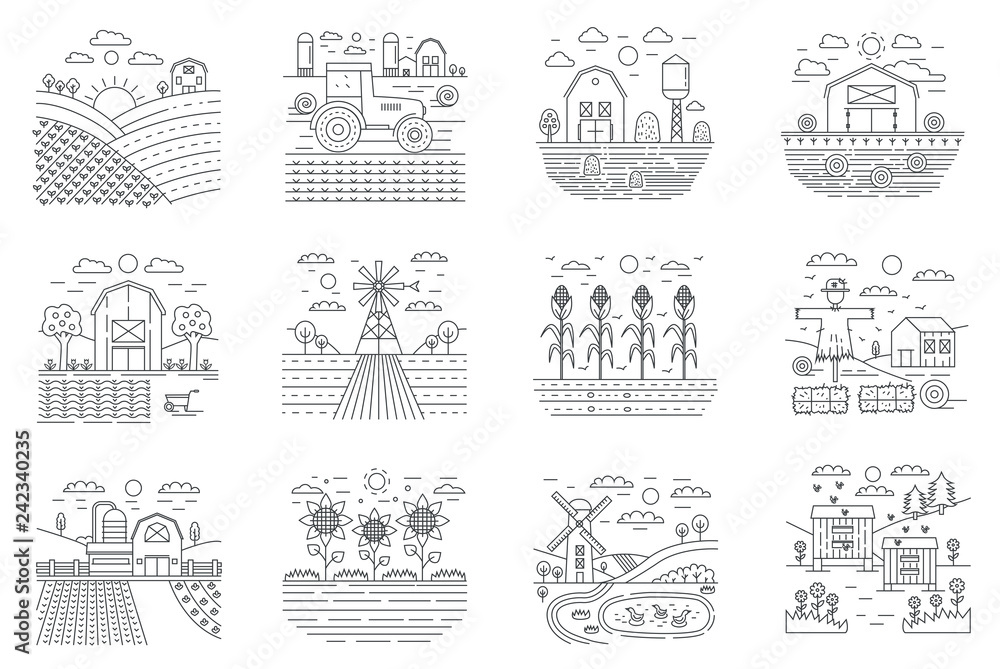 Farm and farming agriculture fields concept line icons set vector illustration.