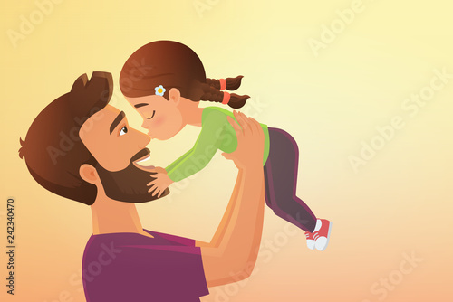 Cute little girl kid kisses his happy father cartoon vector illustration.