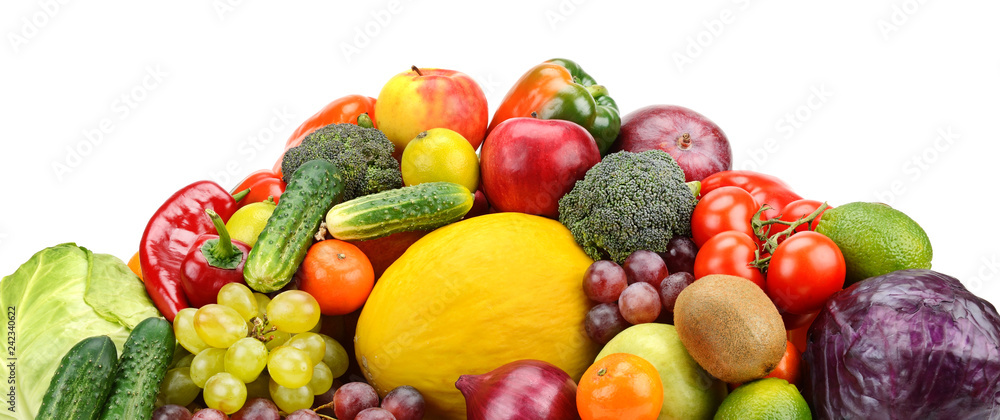 Bright photo fresh and useful vegetables and fruits isolated on white