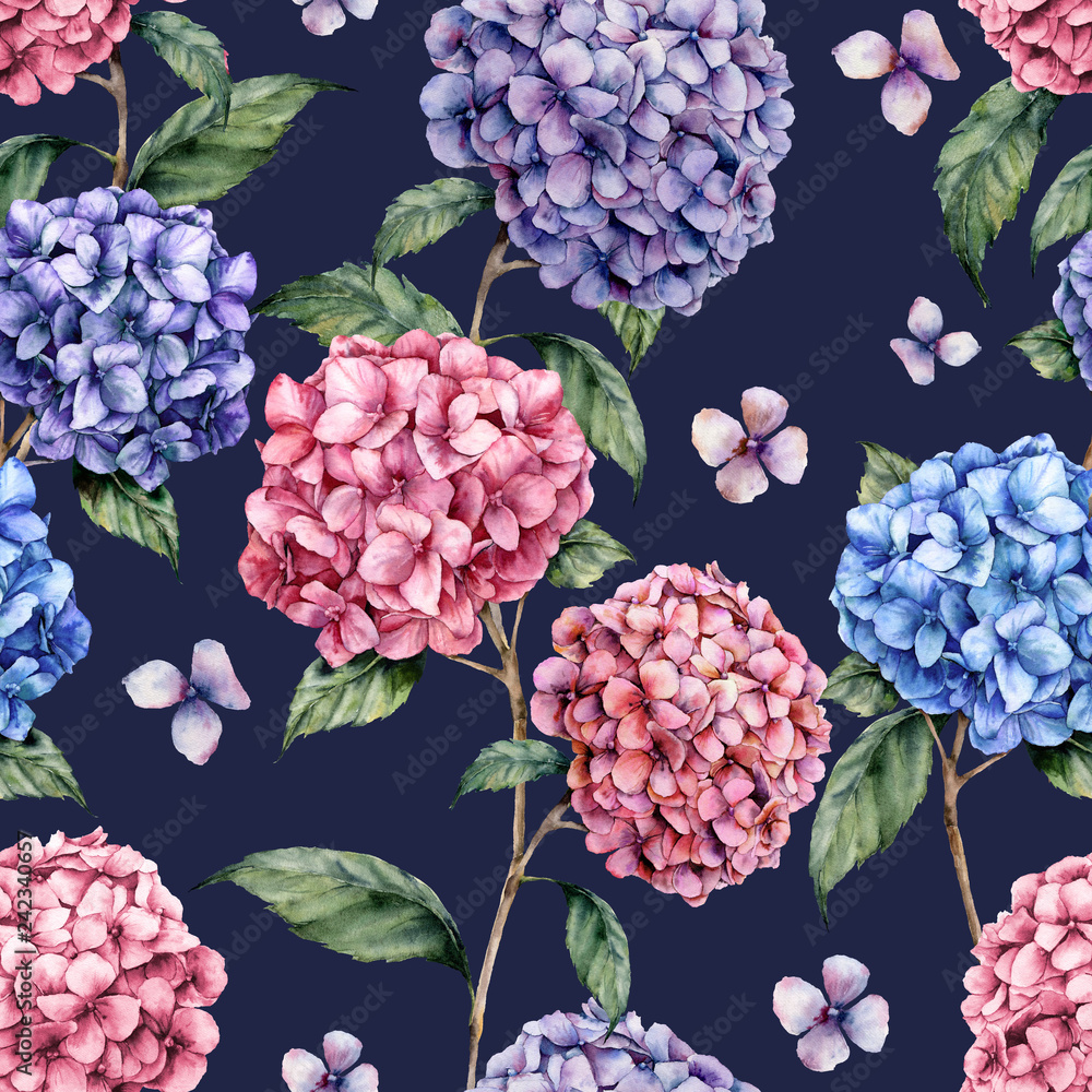 Watercolor hydrangea pattern. Hand painted blue, violet, pink flowers
