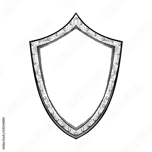 Early medieval English shield. Front view. Element for design coat of arms, logo, emblem and tattoo. Black a nd white drawing isolated on white background. EPS10 vector illustration