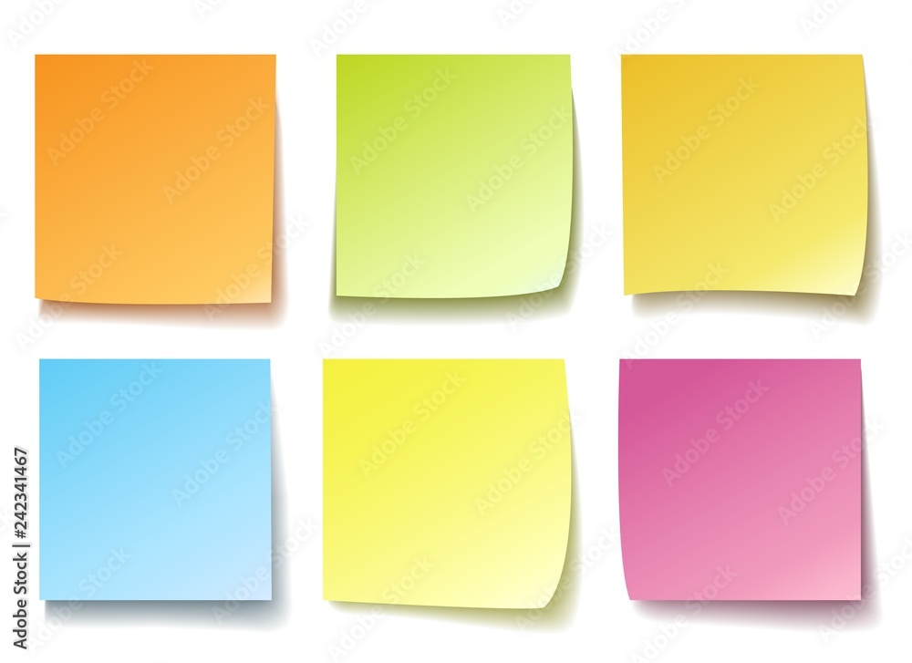 Colorful memo. Post reminder papers isolated vector, blank colourful posting notes for message pad