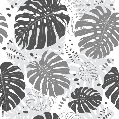 Tropical leaves seamless pattern, Monstera leaf. Vector gray monochrome tropical background