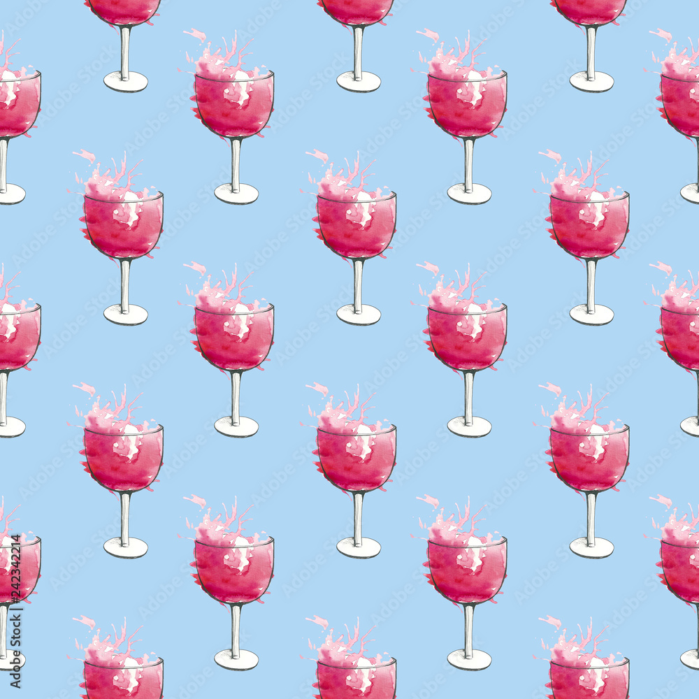 Pattern with wine glass, sketched watercolor wineglasses and silhouette. Wine tasting invitation or party Pattern with wine glass, sketched watercolor wineglasses and silhouette. Wine tasting invitation or party