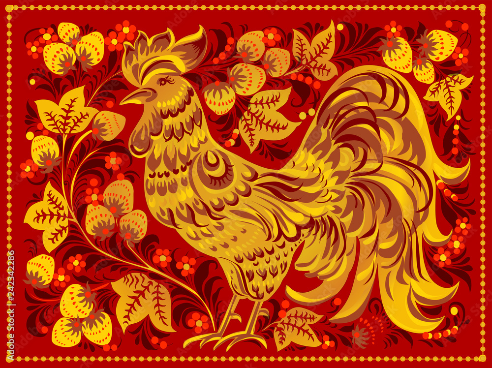 Traditional Khokhloma painting with cock and strawberries. Graphic painting with gold ornaments on a black background. Illustration, vector
