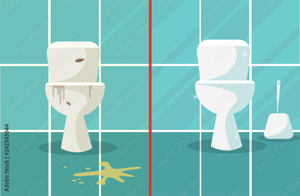 Vecteur Stock Before and After Cleaning.Dirty and clean toilets composition  representing two lavatory bowls before after applying toilet bowl cleaner.  Concept for cleaning companies.Flat cartoon vector illustration | Adobe  Stock