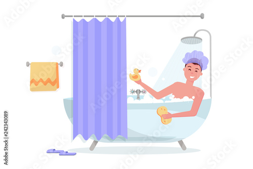 Man in shower cap in the shower. Happy funny guy taking bath in bubble bathtub, relaxing with yellow duck and washcloth. Bathtub with a curtain on a white background. Flat cartoon vector illustration
