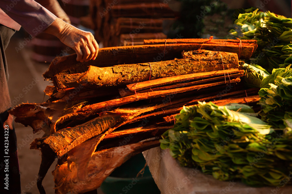 Cinnamon bark at a local market in Laos. - obrazy, fototapety, plakaty 