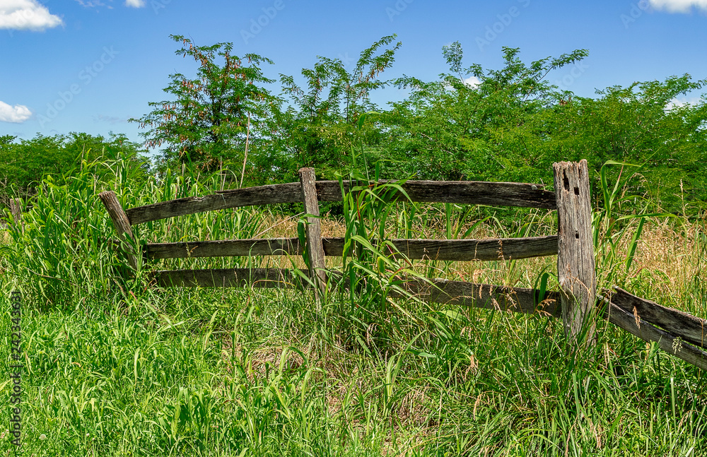 A decaying wooden fence in a rural area. 