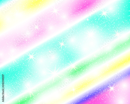 Unicorn rainbow background. Holographic sky in pastel color. Bright mermaid pattern in princess colors. Vector illustration. Fantasy gradient colorful backdrop with rainbow mesh.