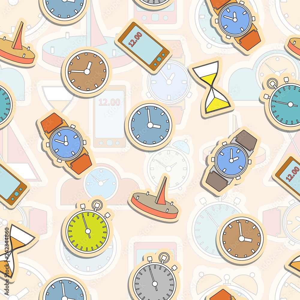 Seamless pattern composed of images hours. Seamless pattern composed of images hours.