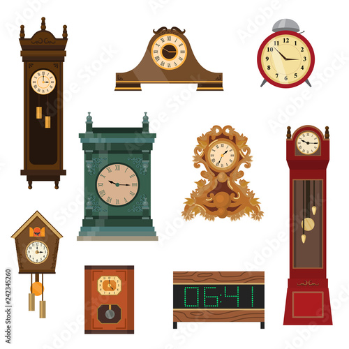 Set of vintage watches handmade from wood of different colors and shapes.