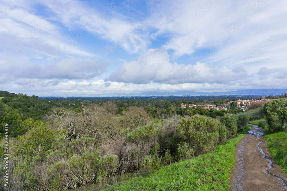 Panoramic view in Rancho San Antonio county park on a stormy day, south San Francisco bay, California