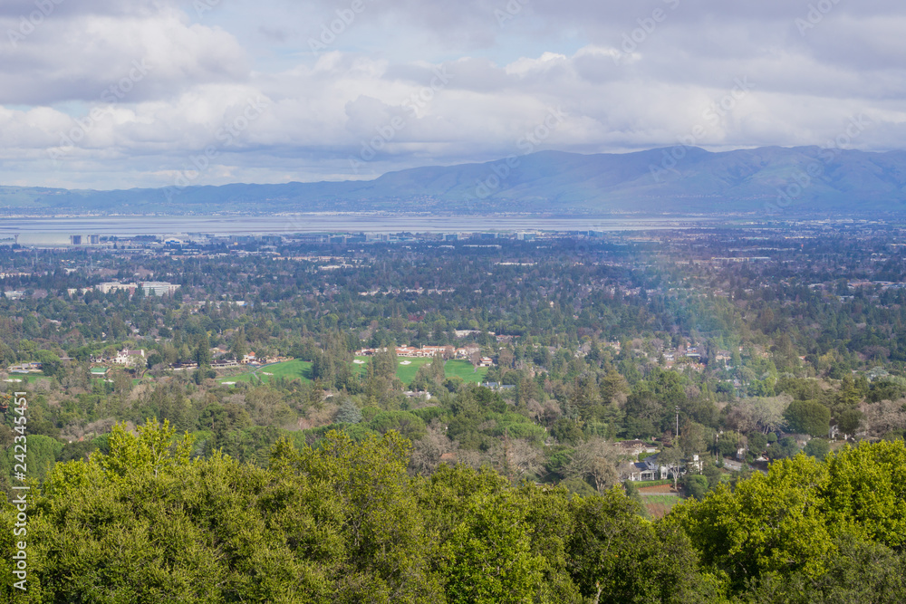 Fototapeta premium View towards south San Francisco bay after a storm; landscape with rainbow, California