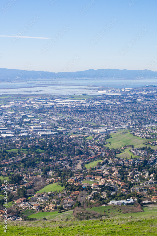 View towards the towns of east San Francisco bay and Dumbarton bridge from the trail to Mission Peak, California