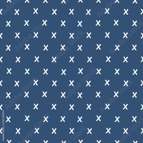 Seamless minimal vector geometric pattern with white criss cross design on dark navy blue background. Fresh modern design for textiles, cards, gift wrapping paper, wallpapers.