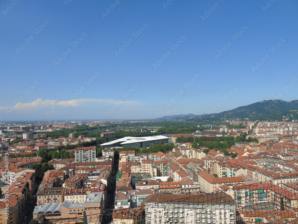 Turin, Italy - 12/01/2018: An amazing photography of the city of Turin from italy in summer days from the high and low part of the city including the beautiful river of Po from the center