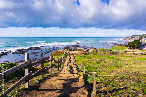 View towards Fitzgerald Marine Reserve at low tide from the path on the bluffs  Moss Beach  California