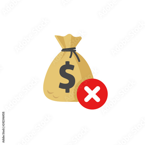 Money disapproved sign vector icon, flat cartoon money bag error, concept of declined canceled transaction or prohibited cash transfer, unaccepted credit or loan, earning not received