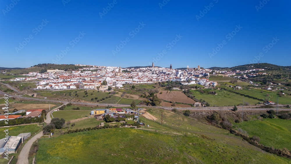 Aerial. Historic Spanish village Jerez de los Caballeros filmed from the sky.