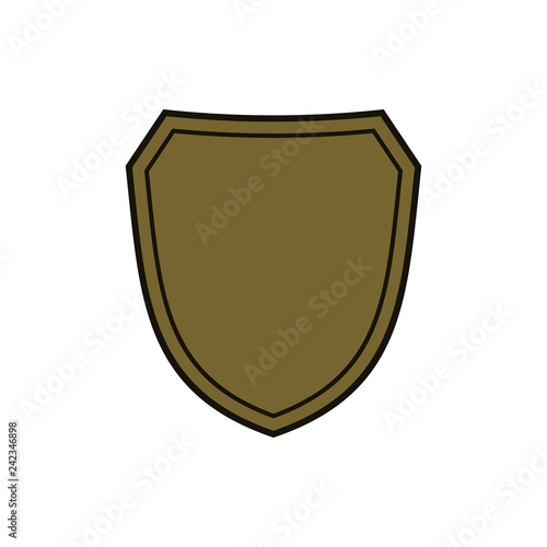 Shield shape gold icon. Simple flat logo on white background. Symbol of security, protection, safety, strong. Element badge for protect design emblem decoration Vector illustration