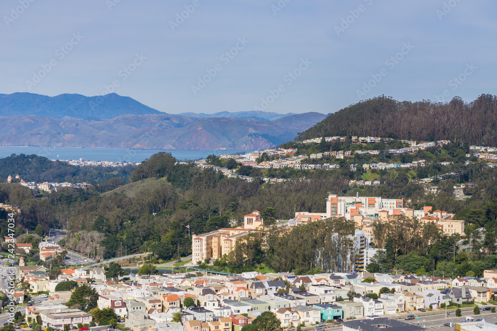 View towards residential areas of San Francisco and the hills of Presidio Park, Marin County in the background, California