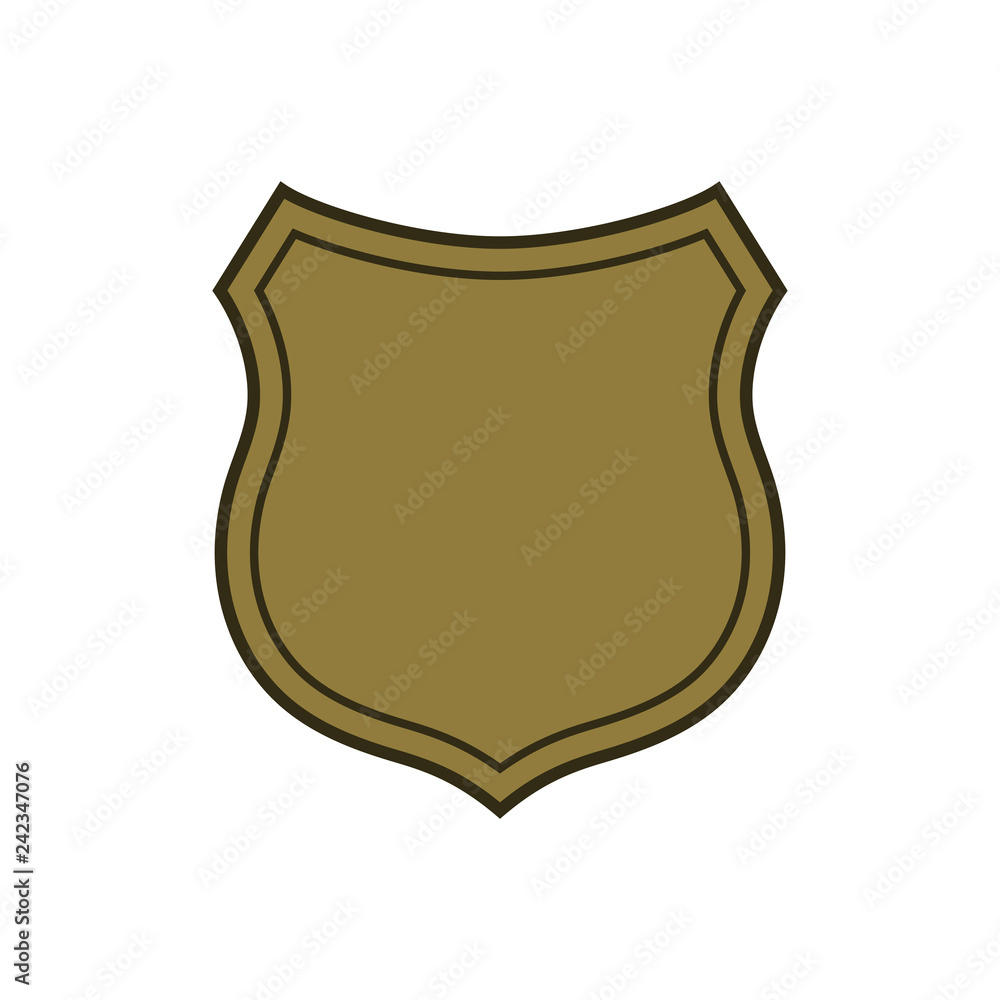 Shield shape gold icon. Simple flat logo on white background. Symbol of security, protection, safety, strong. Element badge for protect design emblem decoration Vector illustration Shield shape gold icon. Simple flat logo on white background. Symbol of security, protection, safety, strong. Element badge for protect design emblem decoration Vector illustration