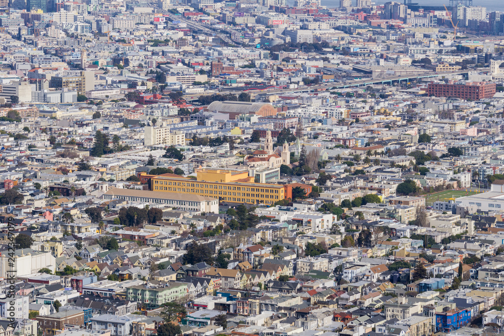 Aerial view of densely populated areas of San Francisco, California