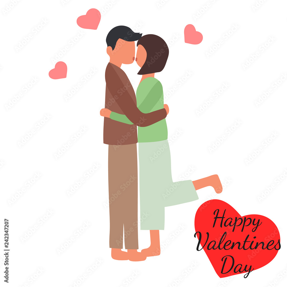 Valentine's day background with kissing couple in love and red hearts. Happy Valentine's day text. Young happy women and man. Vector illustration Valentine's day background with kissing couple in love and red hearts. Happy Valentine's day text. Young happy women and man. Vector illustration