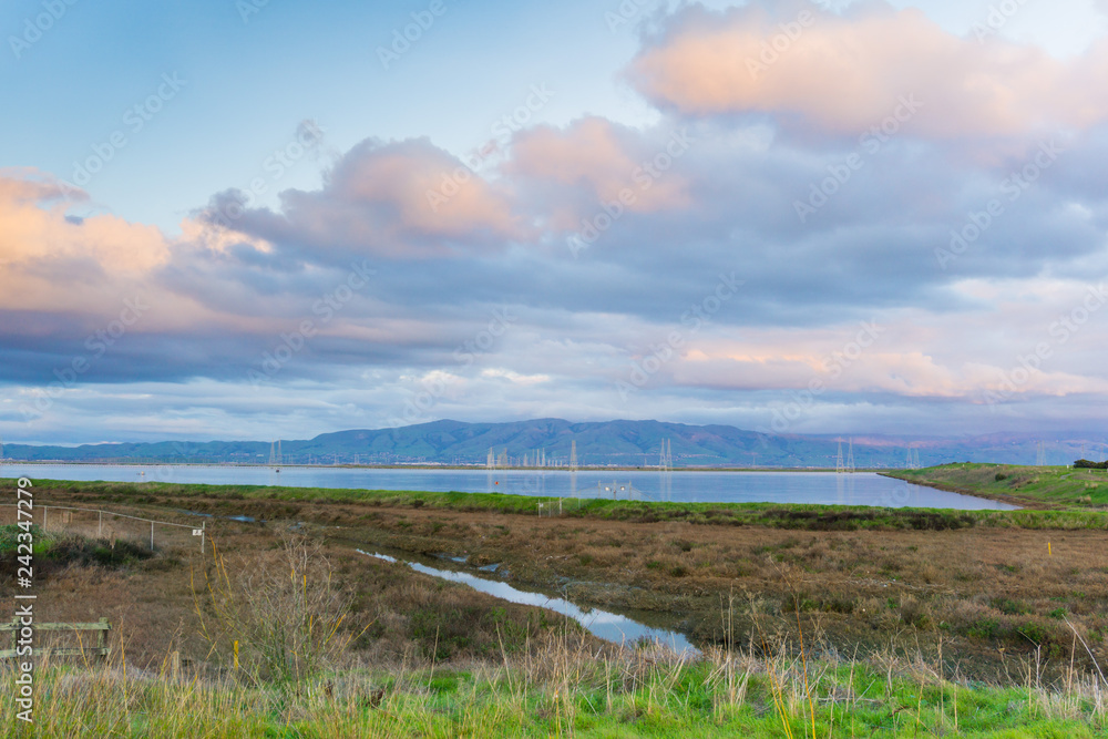 Creek and marshlands at sunset in Shoreline Lake Park, Mountain View, Silicon Valley, San Francisco bay, California