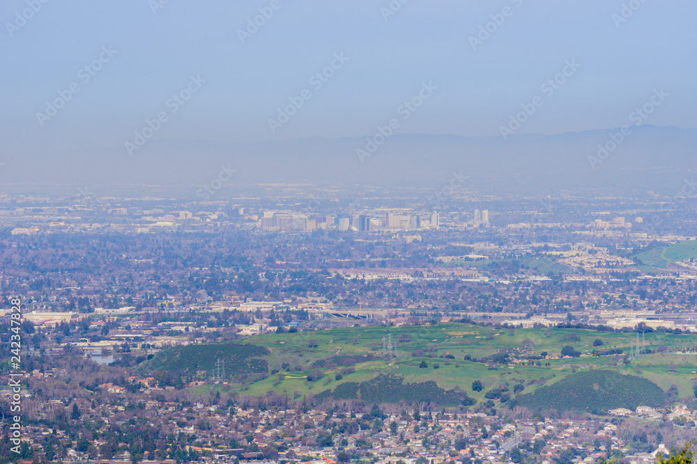 View towards the financial district in San Jose from the hills of Almaden Quicksilver County Park, south San Francisco bay, California