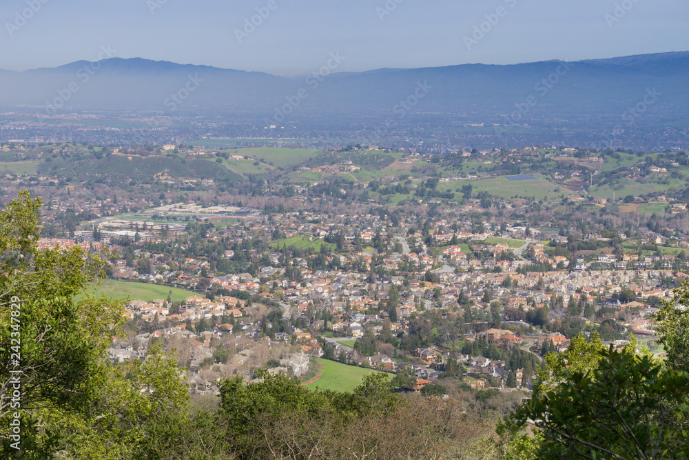 View towards a residential neighborhood in San Jose from the hills of Almaden Quicksilver County Park, south San Francisco bay, California