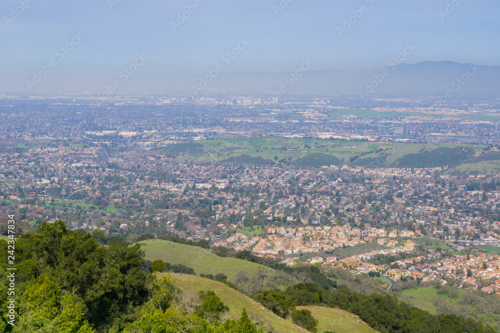 View towards San Jose from the hills of Almaden Quicksilver County Park, south San Francisco bay, California
