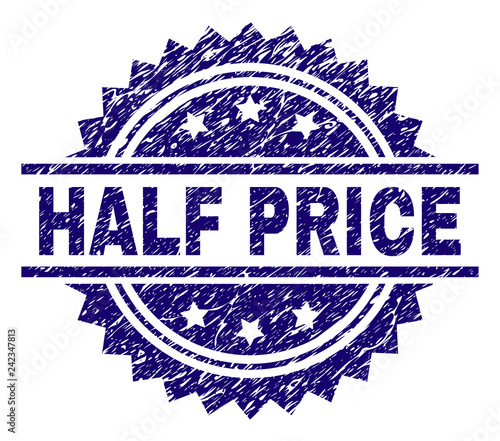 HALF PRICE stamp seal watermark with distress style. Blue vector rubber print of HALF PRICE text with retro texture.