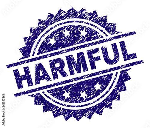 HARMFUL stamp seal watermark with distress style. Blue vector rubber print of HARMFUL text with dirty texture.