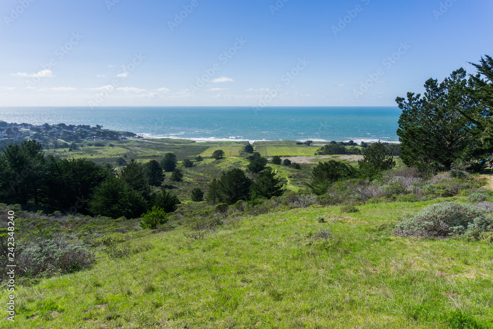 Aerial view of the hills and fields on the Pacific Ocean coastline, Montara, California