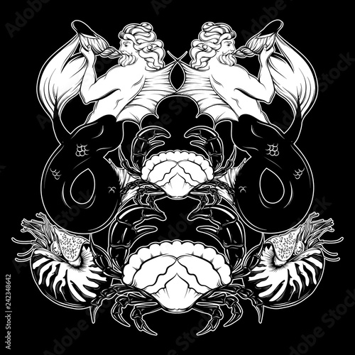 Vector hand drawn illustration of triton , mollusk Nautilus,  crab in realistic line style. Mythology artwork. Tattoo art with symmetric composition. Template for card poster bannerprint for t-shirt.
