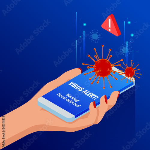 Isometric woman hand holding a generated touch phone with virus alert on the screen concept. Hacking smartphone user database. New technologies security.