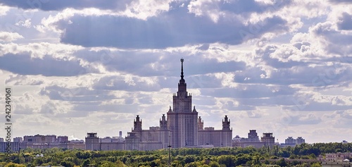 Sunny campus of famous Russian university under dramatic cloudy sky